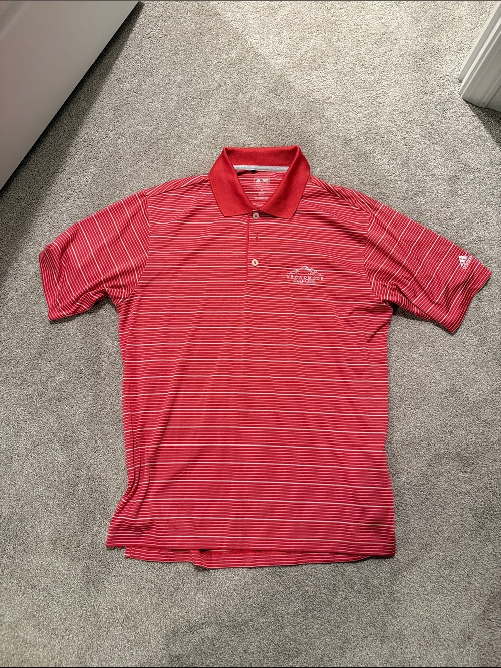 Adidas Broadmoor Golf Club Men's Red Striped Polo with Contrast Collar